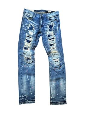 Mens Smoke Rise Distressed Rip And Repair Paint Splatter Blue Denim Jeans 36/34